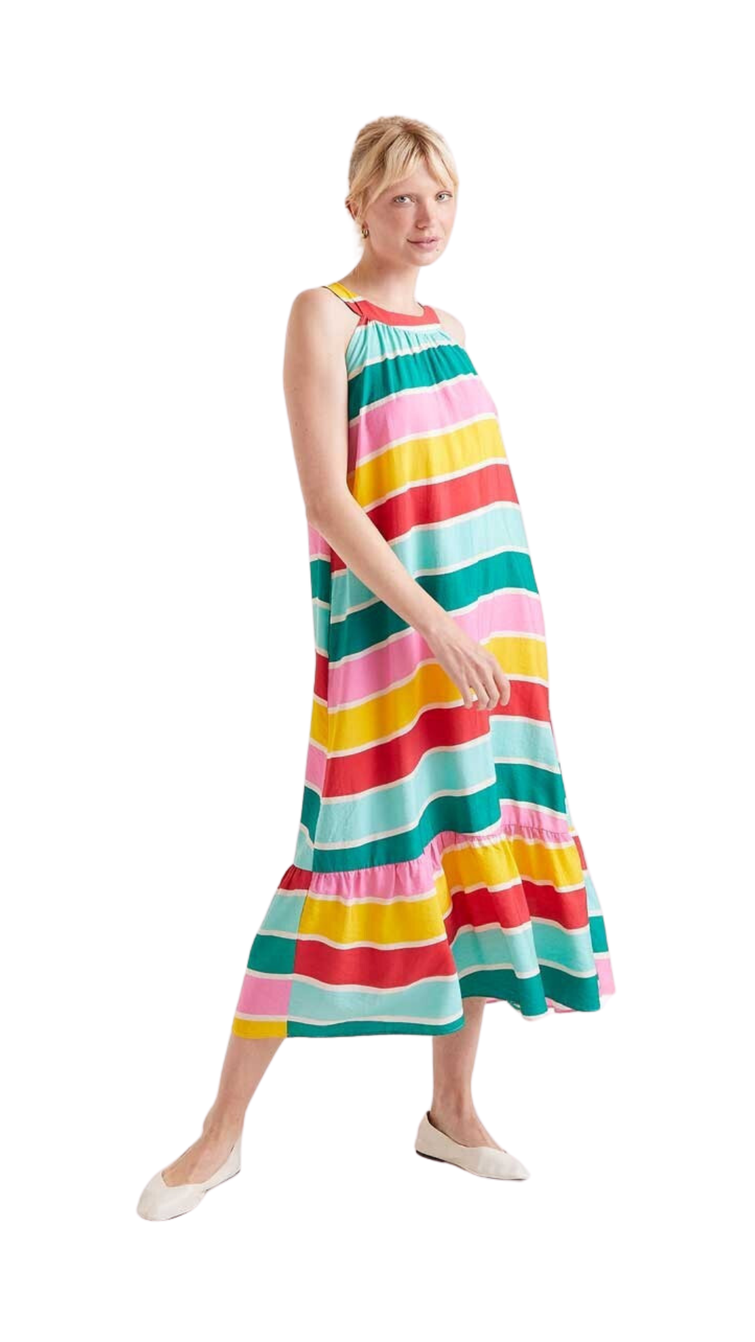 Vestido midi holgado con volantes multicolor