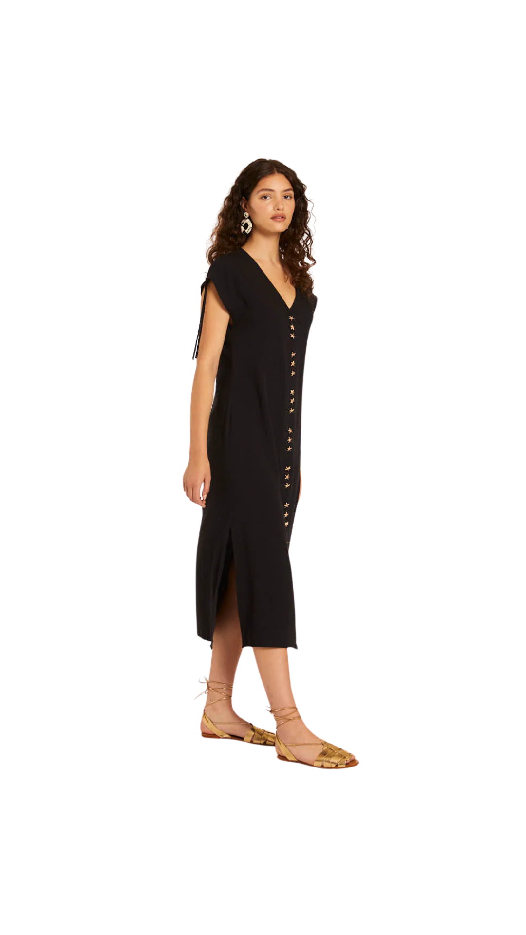 VESTIDO MIDI ESTRELLAS CON FRUNCIDO NEGRO