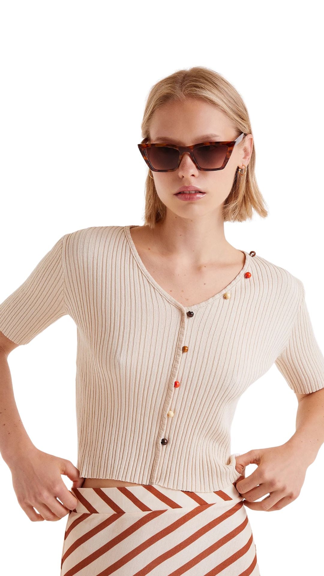Top canalé abalorios beige