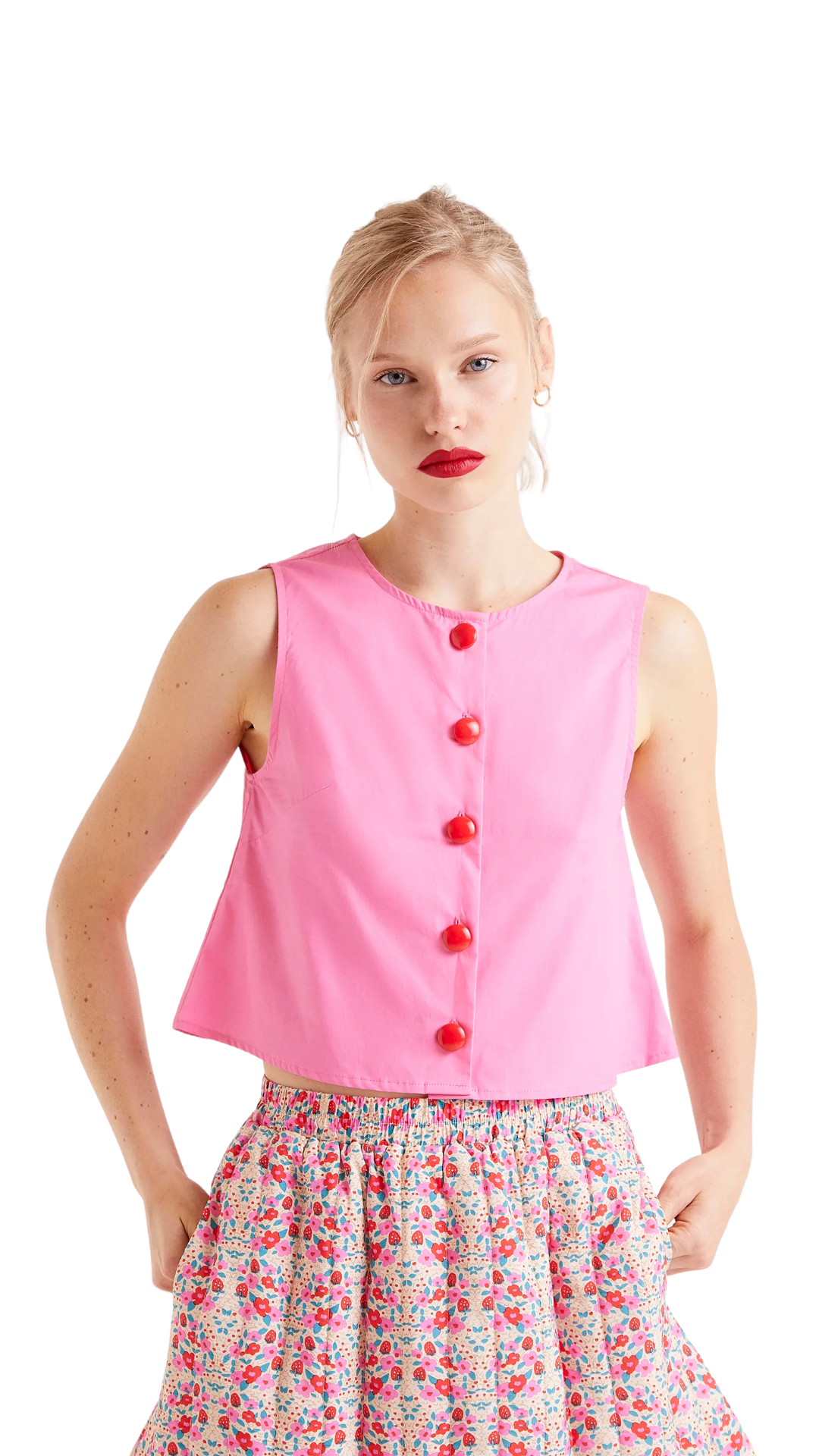 Top sin mangas con botones rosa